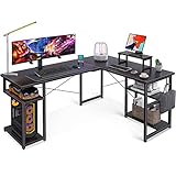 ODK Scrivania Angolare, Scrivania Salvaspazio con Ripiani per riporre, Scrivania PC Gaming con Supporto Monitor, Scrivania ad Angolo per Studio e Home Office Nera 148×120 cm