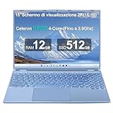 AOCWEI JSY Win 11 PC Portatile Laptop 12+512GB 1TB SSD Espansione, 16 Pollici Notebook Celeron N5095 (fino a 2.9Ghz) 丨Ventola di Raffreddamento丨1920 * 1200 2K Schermo Doppio丨Supporto 5G WIFI - Blue