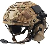 AQzxdc Set Casco Veloce, Equipaggiamento Protettivo in Stile Militare con Auricolare Tattico e Copertura per Casco, per La Caccia All aperto di Paintball Airsoft,Beige,M