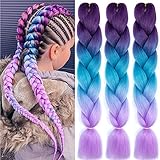 3Pcs Braiding Hair Extensions Ombre Jumbo Flechten Haarverlängerung 2 Tone Jumbo Braids kanekalon haare for Twist Crochet Braiding Hair (Purple-Lake Blue-Light Purple)