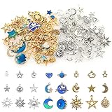 130PCS Pendenti Ciondoli Smaltati Assortiti, BetterJonny Ciondoli Assortiti Smaltati Tibetano Ciondoli Smaltati a Forma di Sole Luna Stella Lega Ciondolo Charm per Creazione di Gioielli, Argento e Blu