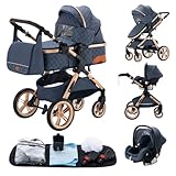 Passeggino 3 pezzi, carrozzina, passeggino 3 in 1, passeggino, sistema da viaggio, pieghevole, pneumatici in gomma, con accessori, Gondola, Adaptateurs, 25 kg (XX1 blu)…