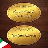 Targa nome per portone ingresso, in laminato plastico oro e argento spazzolato, incisa a laser, personalizzabile con nome, cornici e misure, con biadesivo. MADE IN ITALY (ORO)