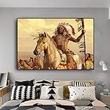 Five-Seller Pittura A Olio del Cavallo Piumato Indiano Nativo su Tela Poster E Stampe Quadro da Parete per Soggiorno (1,30_x_45_cm(con Cornice))