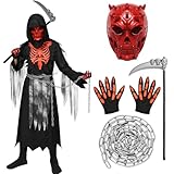 Raveparty Costume Morte Scheletro Bambino, Set Costume Mietitore Diavolo con Falce, Maschera Scheletro, Guanti, Vestito Mietitore Scheletro Rosso per Halloween (L)