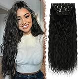 FESHFEN Extension Capelli con Clip 4 PCS Lunga Ondulati Ricci Estension Capelli Sintetici Posticci per capelli Clip Hair Extension per Donna, Nero 50 cm