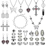 JeryWe 33 Pezzi Set Gioielli Gotici Grunge per Donna Uomo Collana Vintage Orecchini Fata Farfalla Boho Croce Pendente Cuore Choker Goth Anelli Impilabili Nocche Regolabile Punk Y2K Gioielli