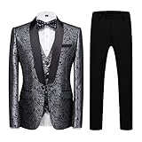 KUDORO Abito da Uomo 3 Pezzi Paisley Slim Fit Abito Abiti da Sposa Abito da Smoking Blazer Gilet Pantaloni(Argento,XL)