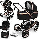 KIDUKU® 3 in 1 Passeggino Completo Trio | Passeggino Sistema Combinato con Navicella Ovetto Seggiolino Auto Coprigambe | Pneumatici in Gomma Dura Borsa Fasciatoio Tavolo per Bambini ECE R129