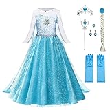 URAQT Congelata Costume, Set da Principessa Corona Bacchetta Guanti Treccia, Blu Costume di Cosplay Party Halloween Costume Abito delle Ragazze di Natale Vestito Fantasia (Verde Chiaro-130)