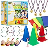 Giochi da Esterno per Bambini Giochi per Feste di Compleanno Bambini e Festa all Aperto Accessori Gioco Cucchiaio e Uovo Corsa Sacchi Giochi Anelli (Kit sportivo giornaliero di lusso)