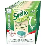 Svelto Powered By Nature Tutto in 1 Pastiglie Idrosolubili per Lavastoviglie Azione Igienizzante Agenti Anticalcare contro Sporco e Macchie - 9 Confezioni da 15 Pastiglie