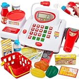 BUYGER Elettronico Registratore di Cassa Supermercato Giocattolo con Bilancia Microfono Scanner Cibo Finto, Gioco d imitazione Regalo per Bambini 3 Anni