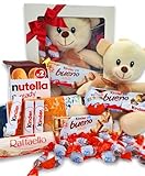 Confezione Regalo Cioccolate Kinder - Nutella - Raffaello con Orsacchiotto Bianco di Peluche. per gli Anniversari, San Valentino. [IAMI]