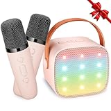 Ankuka Karaoke Bluetooth Karaoke Bambini con 2 Microfoni Cassa Bluetooth Portatile con Luci LED Regalo per Bambini Giocattolo Cambia Voce Rosa