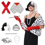 Aragallant Cruella Parrucca in Bianco e Nero, Costume Crudelia Demon Donna, Parrucca Crudelia Demon, Costume di Halloween Accessori con Guanti Rossi, Collana