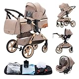 Passeggino 3 pezzi, passeggino, passeggino 3 in 1, passeggino pieghevole, pneumatici in gomma, con accessori, Gondola, Adaptateurs, 25 kg (XX1 Cachi)…