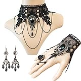 Daimay Set di 4 collane girocollo in pizzo con braccialetto, stile punk party gotico fatto a mano vittoriano steampunk retrò ingranaggi vampiro braccialetto per Halloween Pasqua - GS180+ GY120+E001