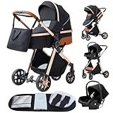 GLOKID Passeggino 3 in 1，Passeggino Canne，Trio，Portatile，Con Seggiolino Accessori，Adattatori universali，4 ruote con ammortizzatori，navicella，grandi ruote (LV9 Nero)