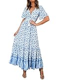 R.Vivimos Women s Summer Boho V Neck Button Up Short Sleeve Bohemian Print Ruffle Hem Beach Style Long Maxi Dress Vocation Dress(S,White)