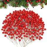 Coicok 200 pezzi Mini Bacche di Agrifoglio Rosso, Bastoncini di Bacca Artificiale, per Albero Di Natale, Ciondolo Mestiere Fiore Corona Fai da Te, Forniture per Feste Di Natale Decorazione