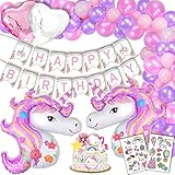 Decorazione Unicorno Festa di Compleanno. 1 Bandierina Buon Compleanno "Happy Birthday”, 2 Unicorni Giganti, 2 Tatuaggi, 2 Palloncini a Cuore, 6 Cake Topper, 30 Palloncini Viola Rosa Fucsia.