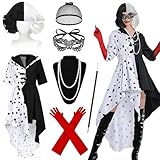 Costume da Crudelia Deville,Cruella Costume Set di Accessori,Parrucca Crudelia Demon,Crudelia Demon Accessori,Vestito Carnevale Donna Regina Cattiva,per Halloween,Carnevale,Maglione Madame Dress