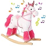 BAKAJI Unicorno Cavallo a Dondolo per Bambini con Suoni Realistici Struttura in Legno e Tessuto Peluche di qualità Giochi Infanzia (Bianco)