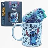 Disney Tazza Ceramica Set Regalo Donna Tazza Mug e Calze Topolino Minnie Stitch Minou Aristogatti (Blu Stitch), 325ml