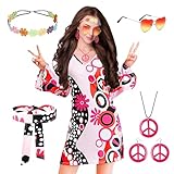 YQBFB Costume Hippie Donna Anni 70, Vestito Hippie Rosa Set di Abbigliamento Anni 70, Costumi da Disco Carnevale (M)