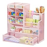 Marbrasse Organizer Scrivania,Multifunzione Rete Porta Penne per Scrivania,Desk Organizzatore,Portaoggetti Penne Cassetti per Casa e Ufficio(Rosa)