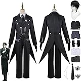 Tjmiaohao Anime Black Butler Kuroshitsuji Sebastian Michaelis Costume Cosplay Outfit Uniforme Nera Parrucca Set Completo Halloween Carnival Party Dress Up Suit per Uomo Ragazzi (L)