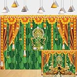 Indiano Pooja Sfondo Tradizionale Diwali Ganpati Ganesh Calendula Puja Fotografia Sfondo Verde Foglie di Banana Adulto Servizio religioso Diserbo Decorazioni 7x5FT