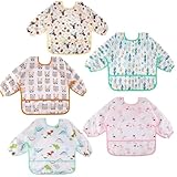 Lictin 5 pezzi Bavaglino a Manica Lunga - Bavaglino Impermeabile Unisex per Bambini Piccoli Da 0 mesi a 2 anni bambino,Orso, cactus, renne, fenicotteri, dinosauri Design(M)