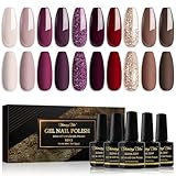 Shining She Smalto Semipermanente,10 Colori Beige Rosso Scuro Marrone Viola Scuro Oro Glitter Smalto Semipermanente Unghie,Smalti per Unghie Gel UV/LED,Autunno e Inverno Manicure Art,8ML