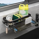 ZIGefofo Organizer per Lavandino Cucina Sospeso Senza Perforazione con Ganci Adesivi e Viti Multifunzionale 2 in 1 Porta Spugna e Detersivo Lavello Cucina per Articoli da Toilette - Nero