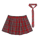 Freebily Minigonna Donna Gonna a Pieghe a Quadri Gonne Scozzese Svasata con Cravatta Sexy Gonne A-Line a Quadri Tartan Skater Mini Gonna Costume da Gioco di Ruolo Studentesse Rosso XL