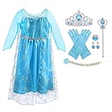 URAQT Elsa Costume, Set da Principessa Elsa Corona Bacchetta Guanti Treccia, Elsa Costume di Cosplay Party Halloween Costume Abito delle Ragazze di Natale Vestito Fantasia, 100cm