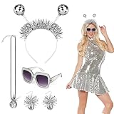 4PCS Costume da Discoteca Accessori Anni 70 Donna, Cerchietto Alieno con Disco Ball, Occhiali Discoteca Strass, Collana e Orecchini con Palla Discoteca, Accessori Festa Disco Vestiti Anni 70 Donna