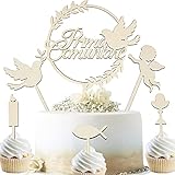 Humairc Topper Prima Comunione, 6pz Bambini In legno Cake Topper, Calice Pesce Angeli Colombe Candele, per Decorazione Torta Prima Comunione, Decorazioni per Prima Comunione, Decorazioni per Cupcake