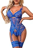 Evelife Set di lingerie sexy da donna in pizzo con polsini alla coscia, biancheria intima, babydoll con giarrettiera alla coscia senza calze, Blu reale, M