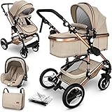 KIDUKU® 3 in 1 Passeggino Completo Trio | Passeggino Sistema Combinato con Navicella Ovetto Seggiolino Auto Coprigambe | Pneumatici in Gomma Dura Borsa Fasciatoio Tavolo per Bambini ECE R129