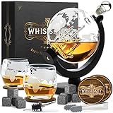 Whisiskey - Decanter per Whisky - Mappamondo - 900ML - Regalo Uomo - Caraffa Whiskey - Regali Compleanno - Set include 8 Cubetti di Ghiaccio Riutilizzaibili, Pinze e 2 Bicchieri in Vetro