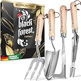 GRÜNTEK Set 4 Attrezzi da Giardino Utensili Giardinaggio in Acciaio inox e in legno di frassino. Idea Regalo con Cazzuola da Giardino, Forchetta, Stirpatore Erbacce, Sarchiatore Manuale