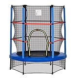 HOMCOM Tappeto Elastico Ø140x160Acm per Bambini da 3 Anni, Trampolino Elastico con Rete di Protezione e Corde Bungee, Blu