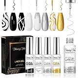 Shining She Liner Smalto Semipermante,4 Colori Nero Oro Argento Bianco Smalto Semipermanente Liner Gel, Soak-Off UV Adatto per Nail Art Femminile Di Famiglia,Kit Manicure Donna,8ML