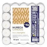 Horeca Candles - Candele Tealight Bianche - Durata 4 Ore di Combustione - Set da 50 Candeline Non profumate - Lumini per Matrimonio, Decorazione, Gastronomia