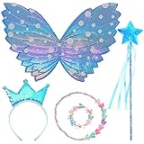 DKDDSSS 5 PCS costume da fata bambina, Ali di Fata Bambina, Bacchetta Magica, Ragazza Paillettes Tiara Corona, Collana Perline a Forma di Farfalla, per Feste A Tema Fata Cosplay