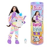 Barbie - Cutie Reveal Serie Color Dream, bambola con costume da zebra di peluche arcobaleno e 10 accessori a sopresa con effetto cambia colore, giocattolo per bambini, 3+ anni, HRK39