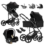 Reenborn Passeggino Trio, Passeggino 3 in 1 con Due Modi Reversibili Spingere, Trio con Telaio Alluminio Paesaggistico Alto, Trio Passeggino Neonati con Design Pieghevole in Un Clic (588 Black)